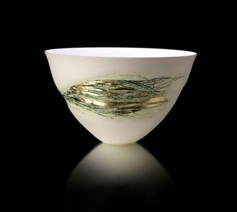 Angela-Mellor,-Spray-Bowl,-Bone-China,-Green-and-Gold Angela Mellor, Spray Bowl,-Bone China, Green and Gold