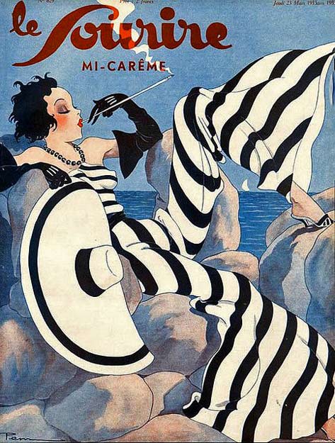 le-sourire-magazine-cover 1933-le-sourire-magazine - a lady at the seaside dressed in a black and white striped outfit
