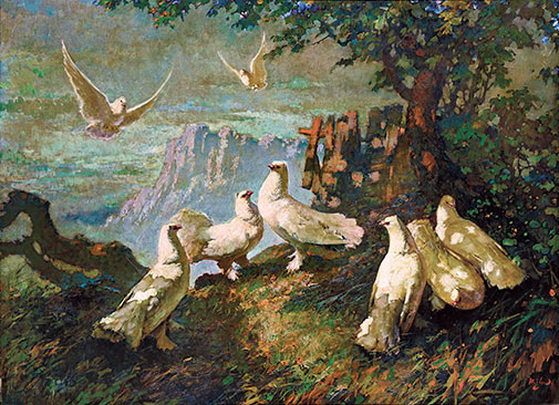 1950s(lee_man_fong_peace_and_prosperity) 1950s Lee Man Pong -- Peace and prosperity Painting of doves