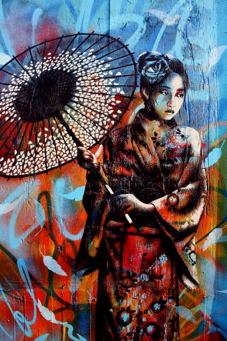 geisha-girl-street-art Fin DAC street art on a wall in London