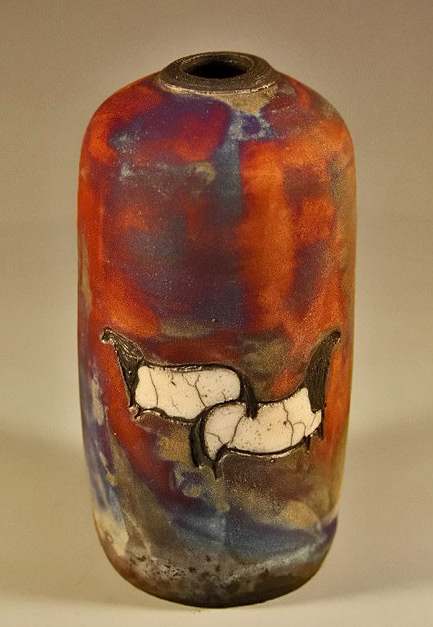 Nita-Claise-raku-vase Grazing Horses motif on Raku vessel - Nita Claise