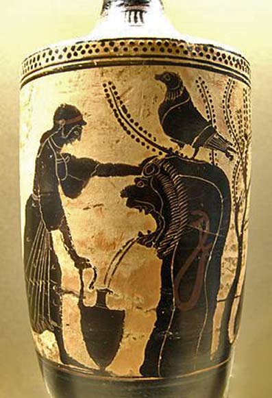 Polyxene_at-the-fountain-Louvre Polyxena at the fountain, watched out by Achilles (right). Attic white-ground lekythos, ca. 480 BC. From South Italy.