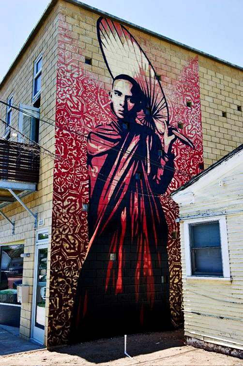 Shepard-Fairey-Burmese-Monk-wall-art 30ft.-tall BURMESE-MONK-By-Shepard-Fairey-in-San-Diego