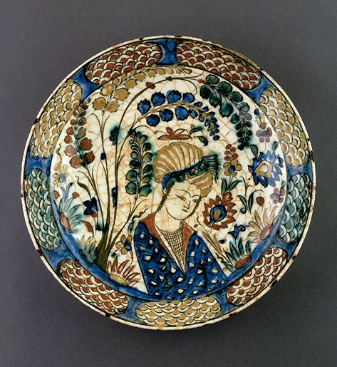 iranian-art-islamic-art-plate Plate with Youth in Landscape Setting. Safavid period, early 17th century. | Iran | Cincinnati Art Museum
