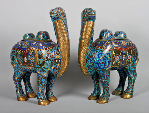 Chinese cloisonné enamel camel censers Pair of Chinese cloisonné enamel camel censers 20th century;