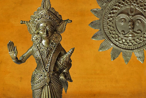 indian-dhokra-art-501x337 Dokra goddess figure with sun wall plaque