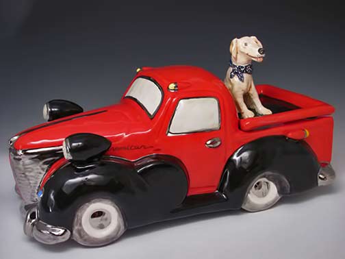 figurine-red-truck-and-dog-Laura-Wilensky Dog in the back of a red pickup truck Laura Wilensky: Laura Wilensky Porcelain Kingston, NY