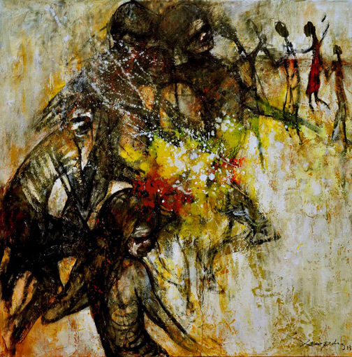 chinese-artist-zhou-xiaoping-504x510 Zhou Xiaoping painting of Australian aboriginals performing their ceremony