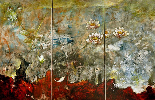 chinese-artist-zhou-xiaoping-504x325 Zhou Xiaoping 3 panel art of water lillies