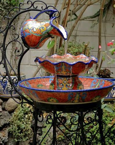 talavera-jug-and-bowl-fountain mexican talavera jug an bowl in iron frame fountain