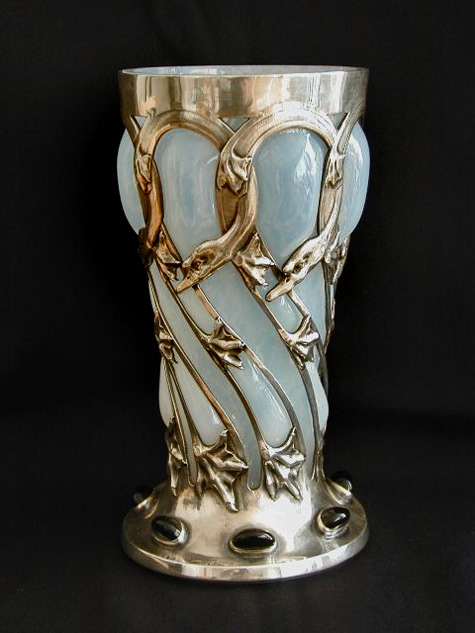 rene-lalique-nouveau-vase-475x633 Opalescent Art Nouveau glass vase with sliver casing