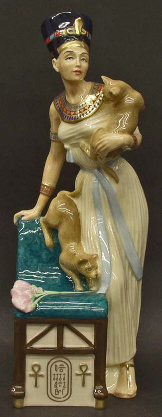 royal-dalton-nefertiti-figurine-325x834 Nefertiti - Egyptian Queens by Royal Doulton polychrome figurine of standing Nefertiti with two cats