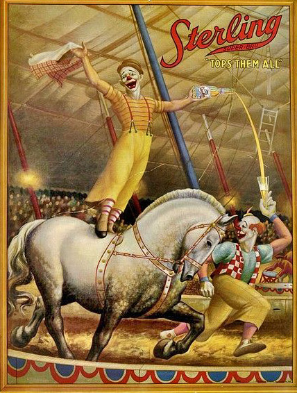 Sterling-Circus-poster Sterling Circus retro poster - clown riding a horse
