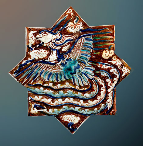 pottery-tile-with-phoenix,-Persia,-13th-century Kashan star shaped lustre pottery tile with phoenix,Persia,-13th-century