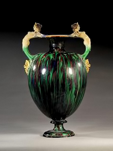 A-Minton-attributed-majolica-two-handled-vase,-circa-1859 A-Minton-attributed-majolica-two-handled-vase, with arched mermaid handles