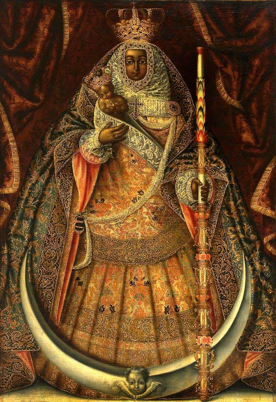 A-painting-of-Our-Lady-of-Candelaria-by-Cristóbal-Hernández-de-Quintana A-painting-of-the-statue-of-Our-Lady-of-Candelaria,-venerated-on-the-island-of-Tenerife-as-patroness-of-the-Canary-Islands