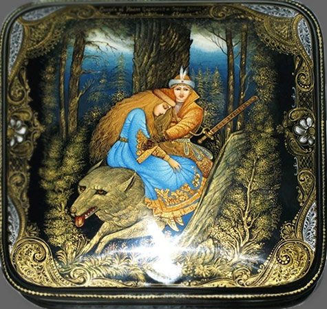 A-Palekh-jewellery-box-depicting-a-scene-from-the-fairy-tale-Tsarevitch-Ivan,-the-Fire-Bird-and-the-Gray-Wolf A Palekh jewellery box depicting a scene from the fairy tale Tsarevitch Ivan,-the-Fire Bird and the Gray Wolf