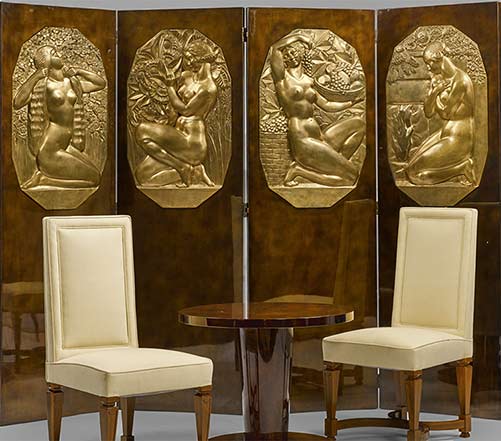 A-Soleau---french-Art-Deco-screen-Table---JULES-LELEU-Chairs---ANDRÉ-ARBUS Art Deco panel