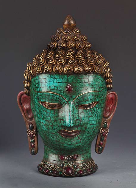 carved-wooden-buddha-head A-WOODEN-PAINTED-BUDDHA-HEAD-WITH-TURQUOISE