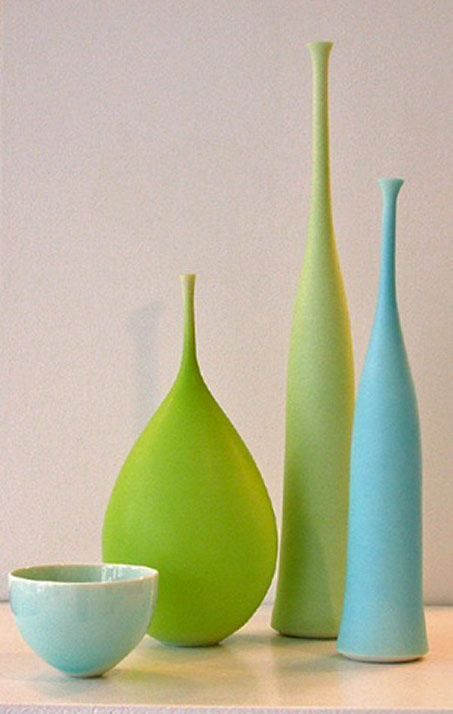 Sophie-Cook--contemporary-British-ceramicist Sophie Cook contemporary vases in turquoise and lime green