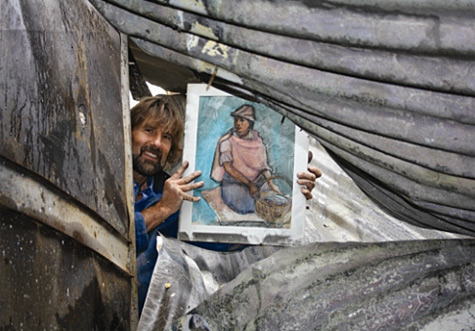 Bruno-Torf-australian-sculptor Aftermathll- Bruno Torf with surviving art from bushfire