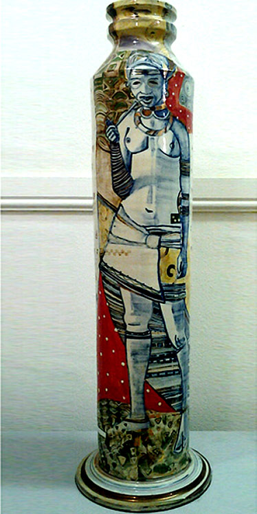 Agapanthus-Lisa-Liebermann-3 Ceramic vase with tall female tribal figure -- Lisa Liebermann