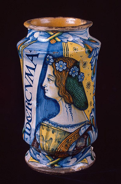 Italian-majolica-albarello Albarello-(pharmacy-jug)-with-the-Depiction-of-a-Woman,-Italy,-ca1500
