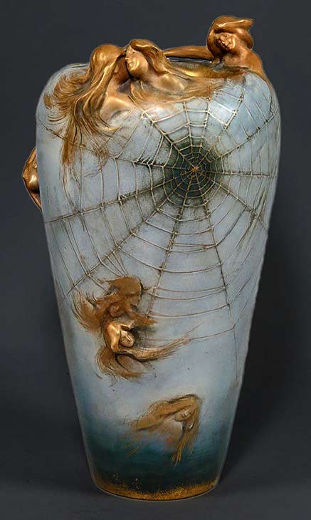 amphora-art-nouveau-vase with gold nymphs in relief and a large spider web