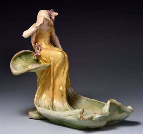 Amphora-Ceramic-art-nouveau-figurine Amphora-Ceramic-Figural-Centerpiece of a girl seated on a leaf