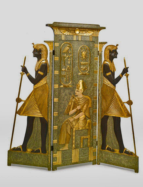 egyptomania-osiris-screen Egyptian revival three fold screen with Osiris flanked by 2 guards in gold, green and black