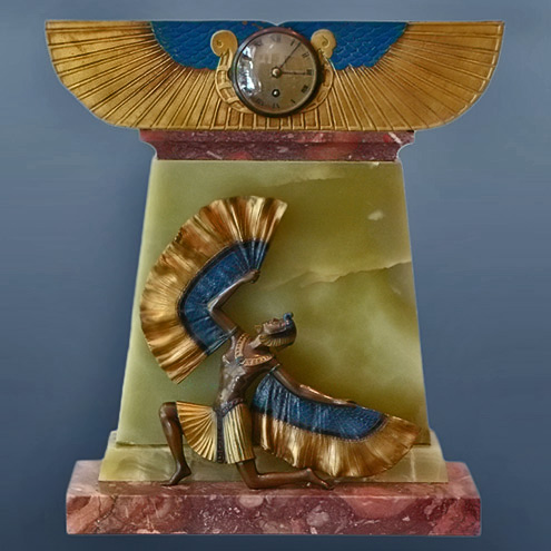 Egyptian-art-deco-mantle-clock An Exquisite Art Deco Mantel Clock in green and pink marble with a bronze Egyptian figurine