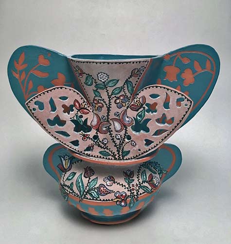 andrea-gill-iznik-vase in turquoise and pink and floral decoration