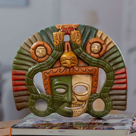 Angel-Ceron Pre-Hispanic-Mask Angel Ceron Life and Death Pre Hispanic Mask Ceramic Replica, 'Aztec Duality'