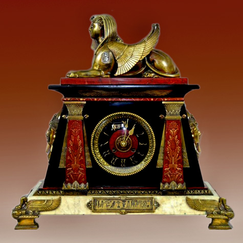 french-egyptian-deco-clock-475x475 Mantle clock French Antique Egyptian Revival made of bronze and marble adorned with winged sphinx