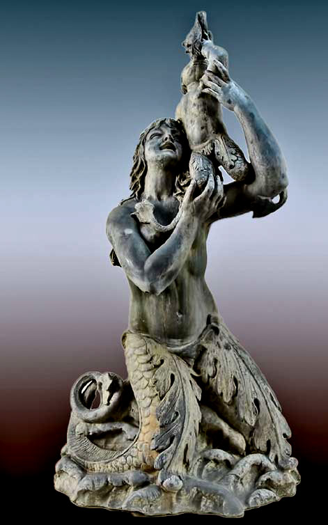 Antique-Figural-Zinc-Fountain Figural Zinc mermaid holding child Fountain
