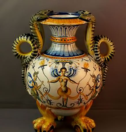 Antique-Italian-Cantagalli-Maiolica-Pottery-Vase Antique Italian Cantagalli Maiolica Pottery Vase - Snake Handles - Mermaids