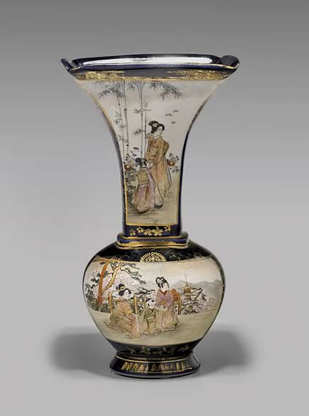 Satsuma-vase;-of-bulbous-form Antique-Japanese-Satsuma-vase;-of-bulbous-form-with-a-wide-flared-squared-mouth;-figural-panels--cobalt-blue-ground