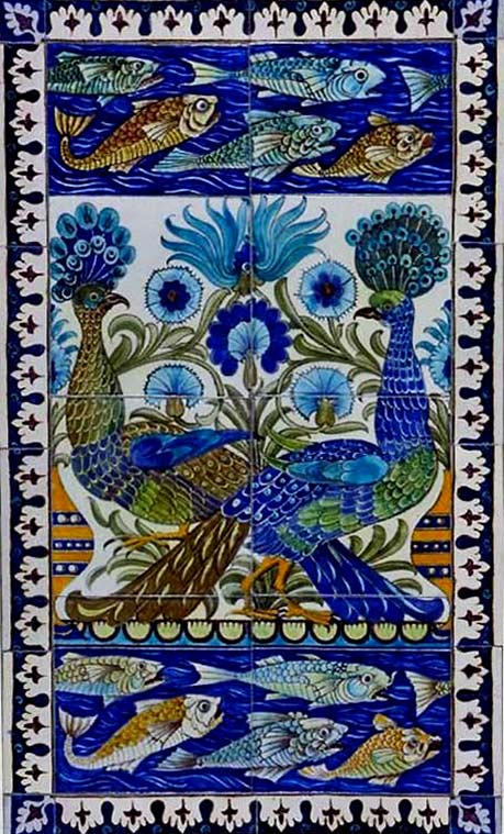 Antique-Peacock-Tiles Peacock tiles, William De Morgan. with fish border