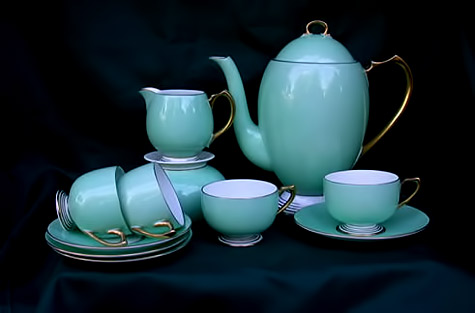 Art-deco-coffee-set-Shellies Art-deco-coffee-set in turquoise glaze with gold handles by Shelley Poteries