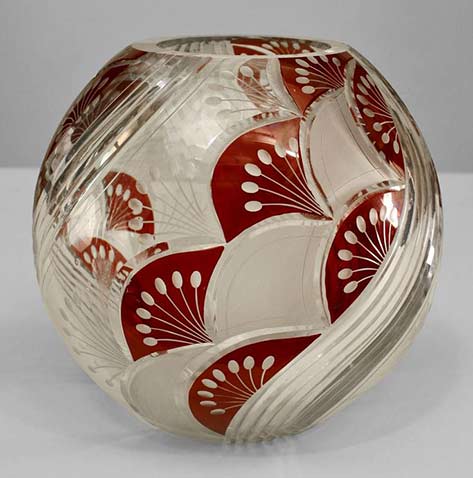 Art-Deco-Continental-(Czechoslovakia)-round-vase-with-geometric-cut-glass-design-and-ruby-overlay-trim Czech-Deco geometric-cut-glass-design-and-ruby-overlay-trim
