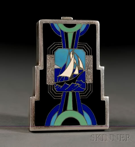 Art-Deco-Enameled-Silver-Compact,-c Art Deco Enameled Silver Compact, with yacht motif and stepped outline