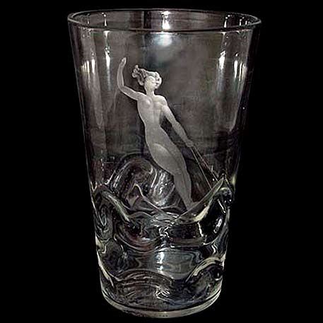 Art-Deco-glass-vase-with-etched-female-water-skier-and-wrythen-glass-to-emulate-waves-designed-by-Vicke-LINDSTRAND-for-ORREFORS,-Sweden-1938.-H.--8 Art Deco glass vase with etched female water skier and wrythen glass to emulate waves designed by Vicke LINDSTRAND for ORREFORS, Sweden 1938. H.- 8.75