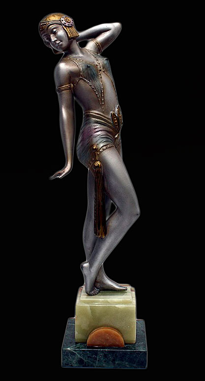 Art-Deco-spelter-figure-by-A-LECLERC,-France Art Deco spelter figure by A LECLERC, France ca. 1930, the silver cold-painted figure with polychrome decoration, mounted on a multi-coloured marble base 37cm