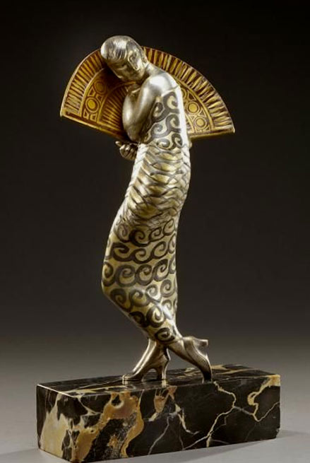 Art-Deco-Alexandre-Kelety--'Dancer-with-fan'-Bronze-sculpture-with-golden-and-silver-patina-and-chocolate-brown. Alexandre-Kelety (1874-1940) 'Dancer with fan' Bronze sculpture with golden and silver patina and chocolate brown.