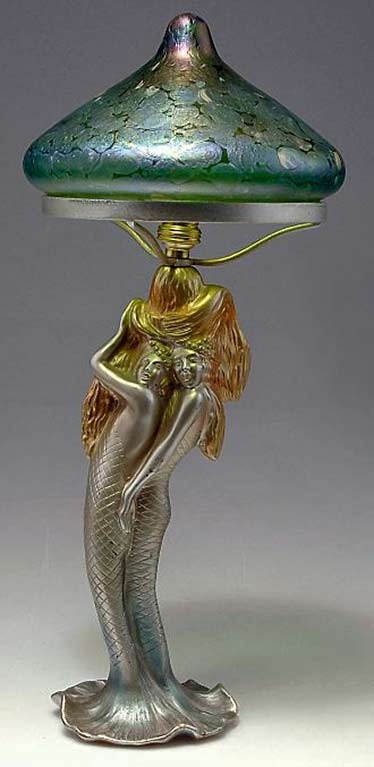 Art-Nouveau-figural-table-lamp-with-two-mermaids,-c1900 Art Nouveau figural table lamp with two mermaids and green glass lamp shade, c1900