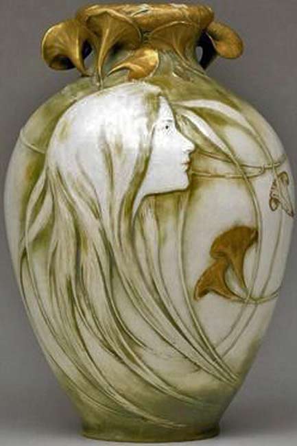 Amphora-ovoid-vase Art-Nouveau-vase with face motif and mushrooms on the rim