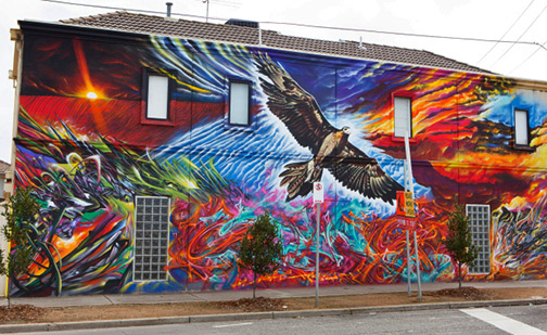 Huge-bunjil-mural-by-Heesco artist-Heesco-created-the-two-storey-tall-Albert-Street-mural-of-Bunjil-the-Creator