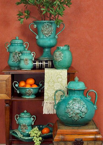 turquoise-italian-pottery-set Artistica-Italian-Gallery Italian floral relief motif turquoise pottery against a deep salmon background