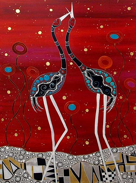 Artlandish-Aboriginal-Art-Gallery-would-like-to-showcase-this-fine-Aboriginal-painting-by-Melanie-Hava---Brolga-Greetings-is-the-title-of-the-work-- painting-by-Melanie-Hava---Brolga-Greetings-is-the-title-of-the-work--
