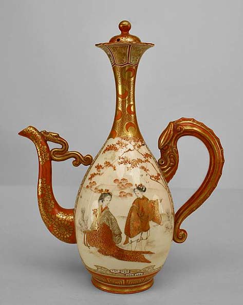 Satsuma-porcelain-pitcher Asian-Japanese-(19th-Cent)-Satsuma-porcelain-decorated-pitcher-with-scrolll-handle-and-scenes-of-2-women-and-floral-design